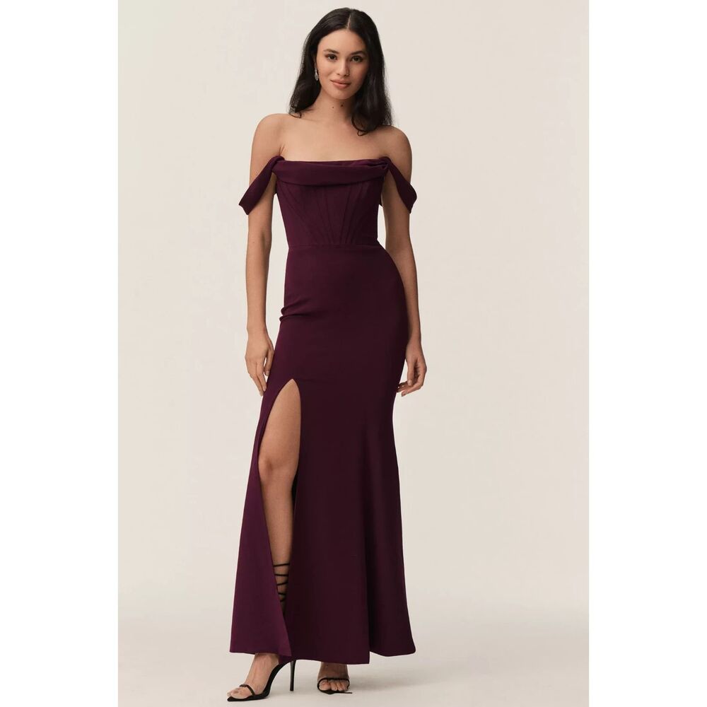 Dress The Population Melania Off the Shoulder Corset Maxi Dress Gown Plum Large